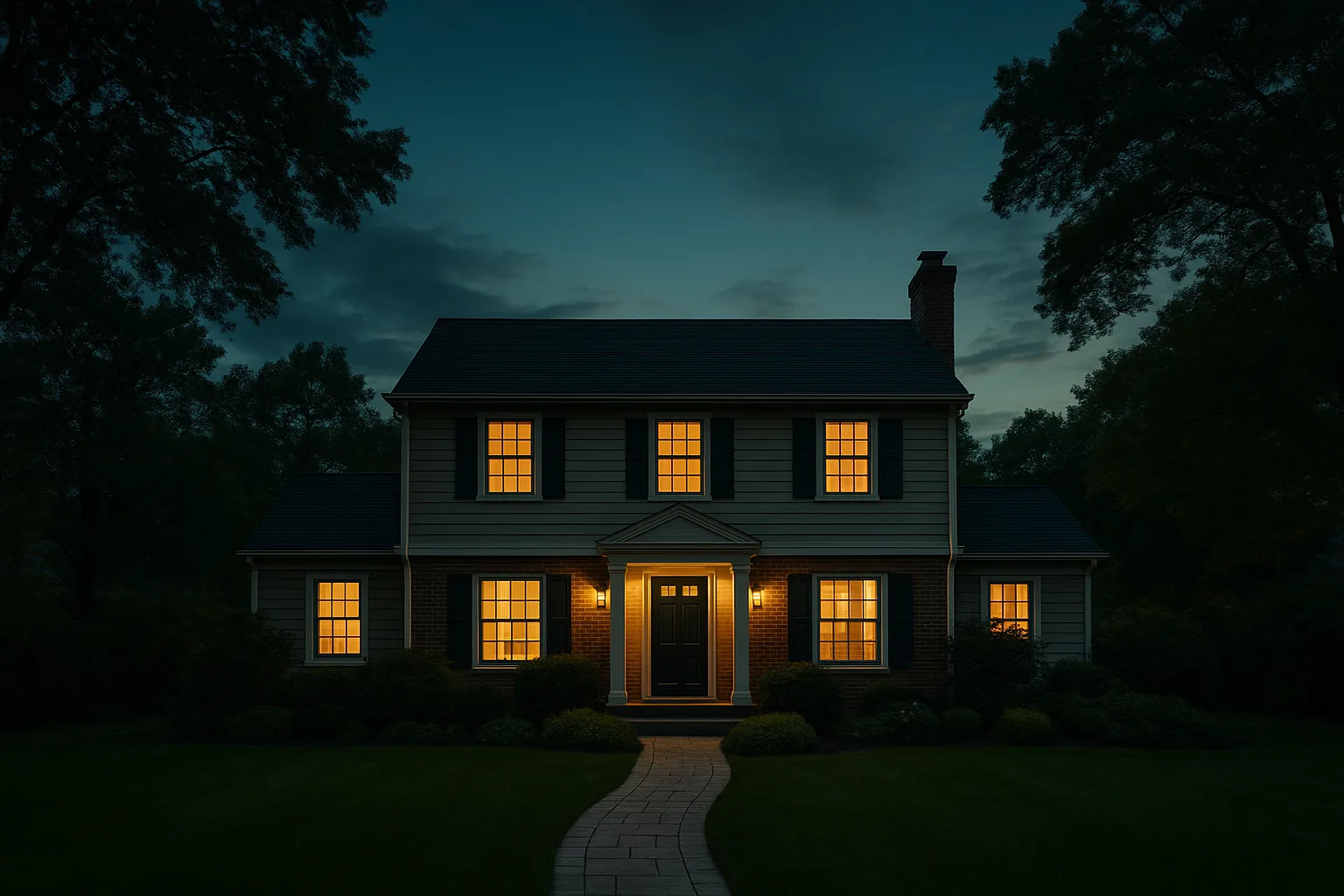 Fachada de vivienda unifamiliar iluminada al anochecer